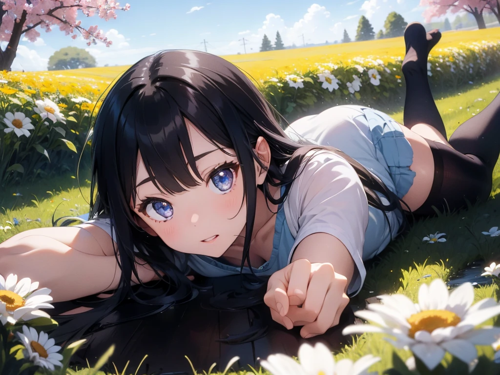 woman,long hair,blue hair,clear blue eyes,Lie on your back and look at the sky in a field of flowers.,detailed face,Detailed background