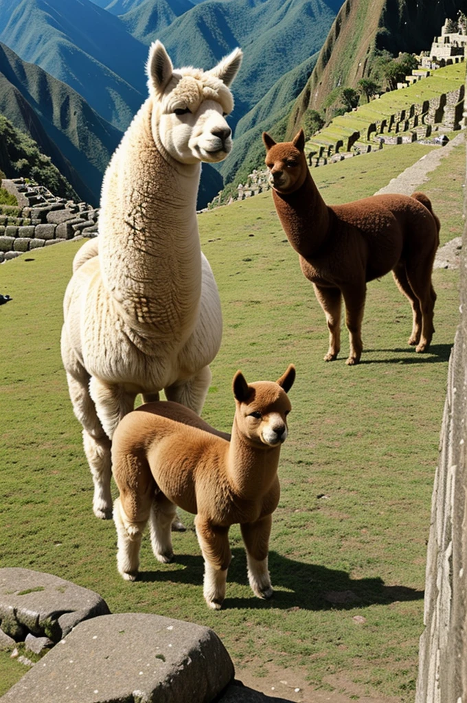 I want a dog with an alpaca in Machu Picchu