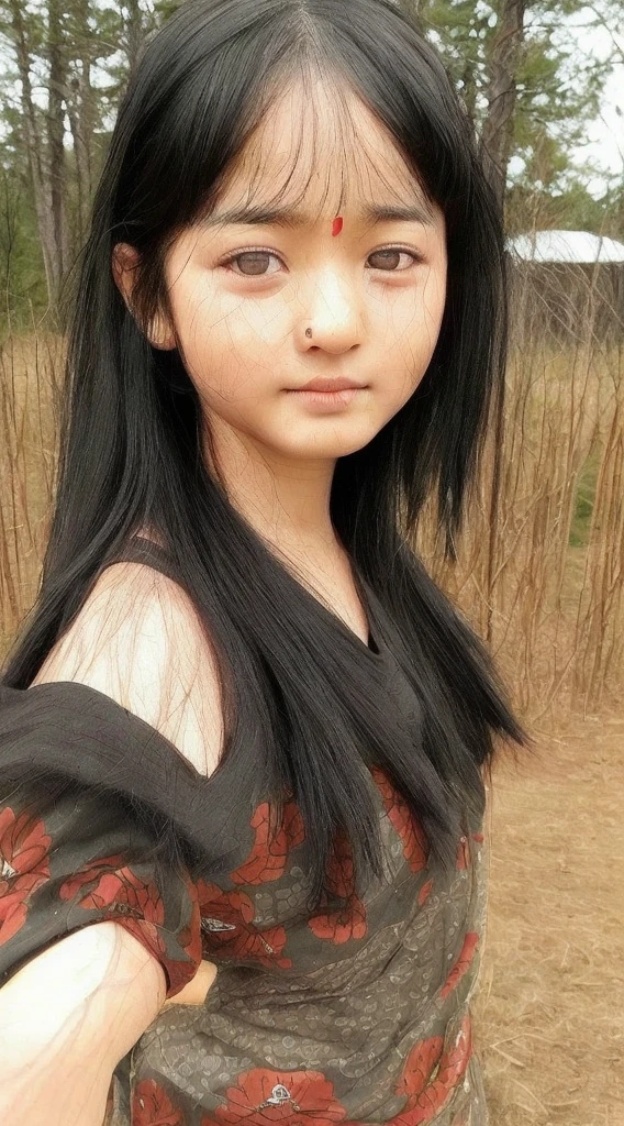 A India traditional gril cute face black hair stend by indian road single picture