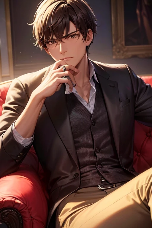 a man sitting on a luxurious sofa, holding a glass of wine, wearing a wedding ring, with a serious expression and brown eyes, 8k, highly detailed, realistic, photorealistic, cinematic lighting, warm color tones, intricate details, award winning photograph, masterpiece, oil painting