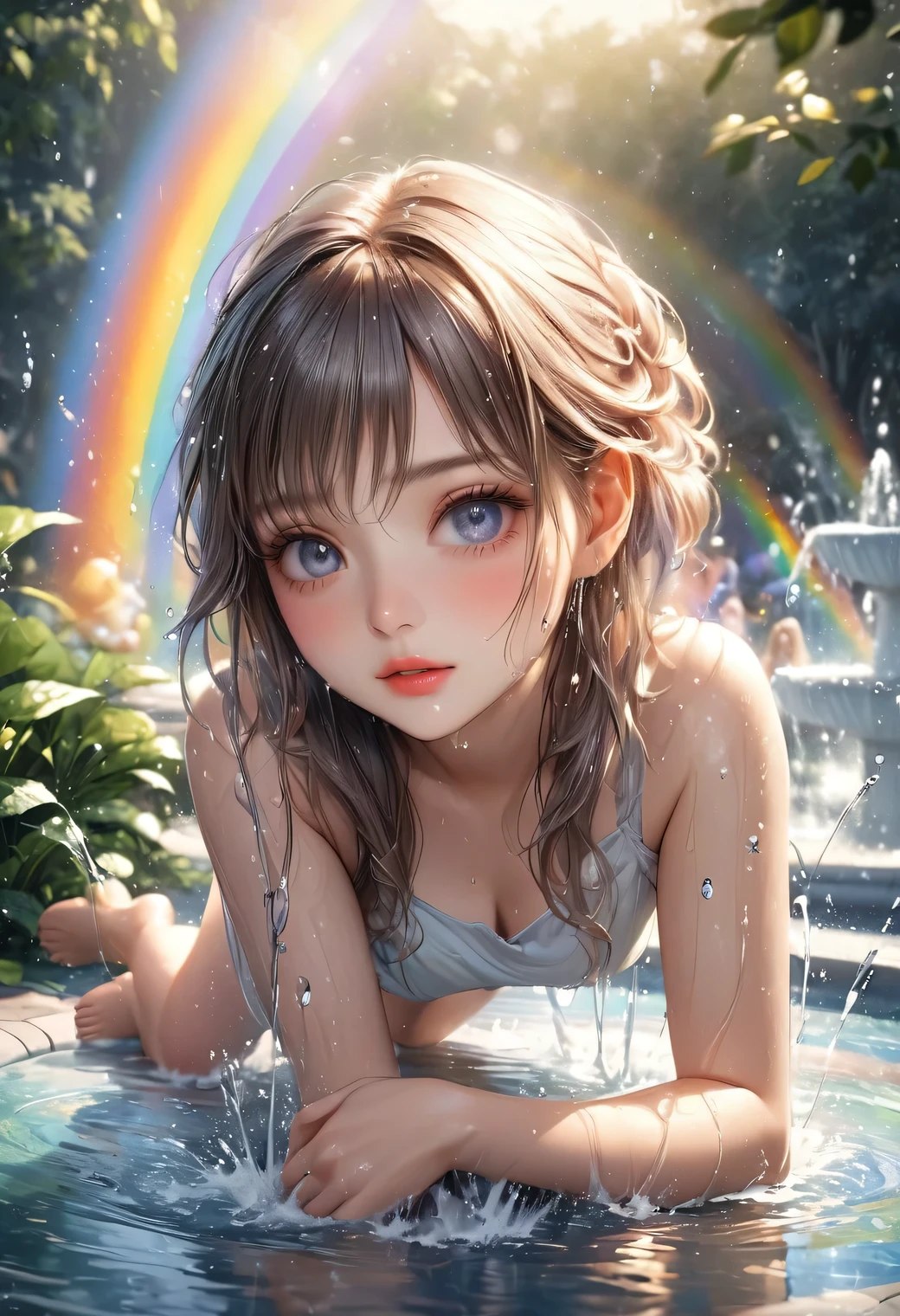 Girl, Water Play, Summer, Happy, Flower, Perfect Quality, Clear Focus (Clutter - Home: 0.8), (Masterpiece: 1.2) (Realistic: 1.2) (Bokeh) (Best Quality) (Detailed skin: 1.3) (Intricate Details) (8K) (Detail Eye) (Sharp Focus), (Happy)
