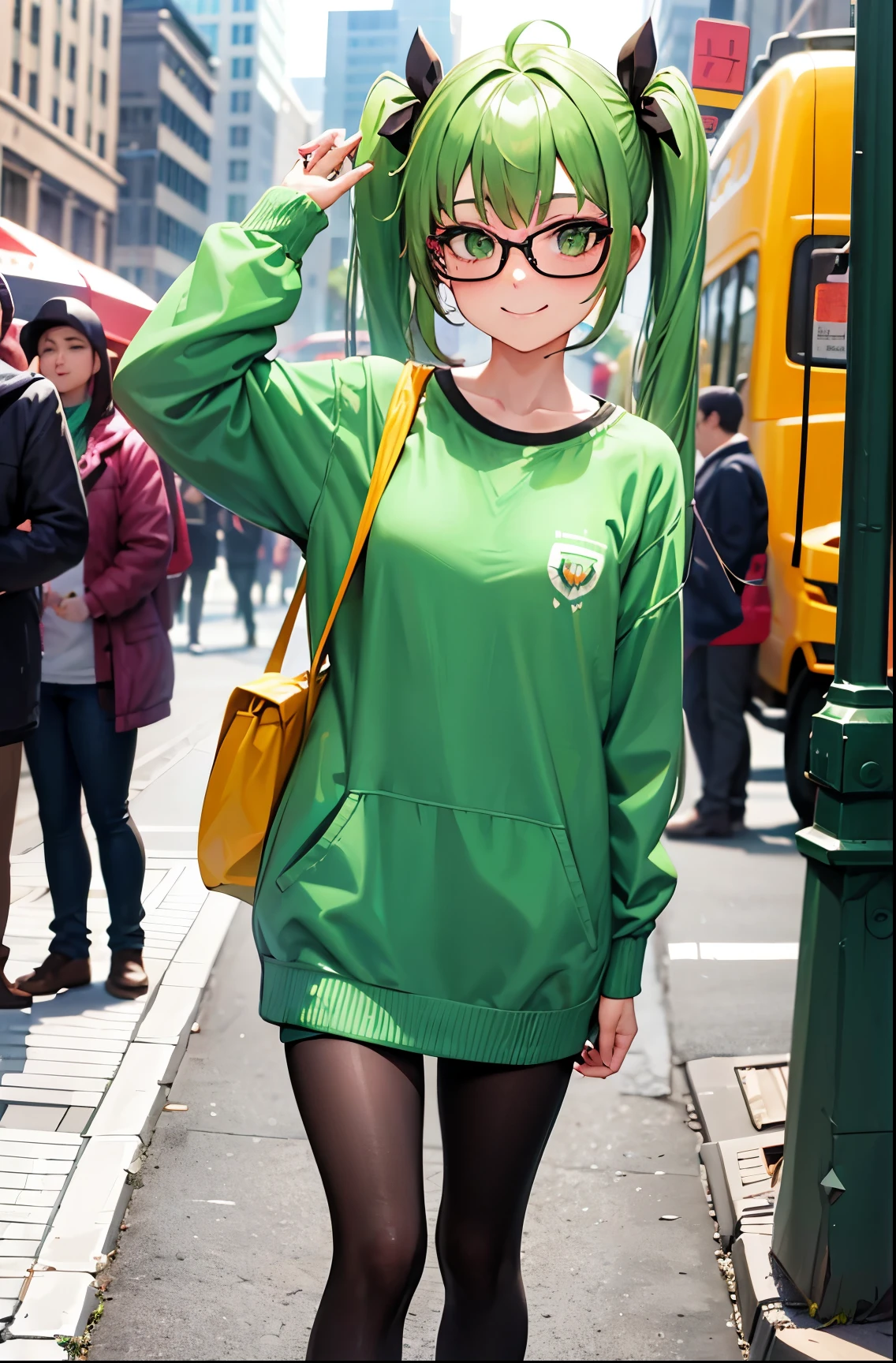 Girl, twintail hair, green hair, green eyes, glasses, cute girl, smile, street casual style, long stocking, Vans shoes, city