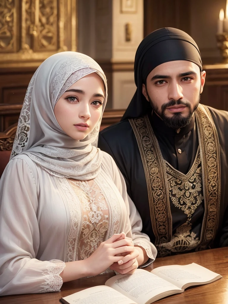 a Muslim husband and wife sitting together, the wife is studying with her head on her husband's chest, highly detailed, hyper realistic, soft lighting, warm colors, romantic atmosphere, intricate details, beautiful ornate decorations, seamless composition, award winning photograph, (best quality,4k,8k,highres,masterpiece:1.2),ultra-detailed,(realistic,photorealistic,photo-realistic:1.37)