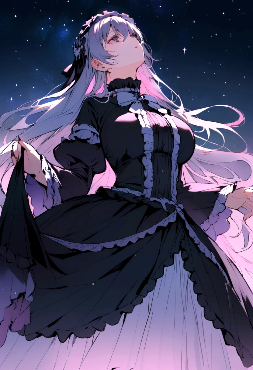 Una encantadora chica anime con cabello albino que cae en ondas hasta la cintura, sus ojos azules resaltan sobre su piel de porcelana. Ataviada con un vestido color guinda; a deep, dark purple red and shoes with tulle socks.
