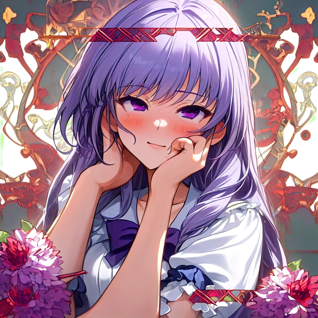 best quality, masterpiece, ultra-detailed, kazami kazuki, silver hair, 1 girl, solo,  long hair, purple eyes, , yandere trance, yandere hands on own face,hands on own cheeks, closeup