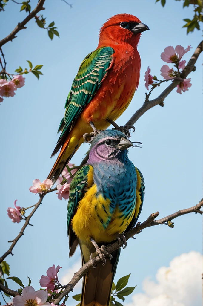 colorful bird perched on a branch of a tree with flowers , beautiful and , birds beautiful color, bird with a long, colorful hd photo, very colorful,