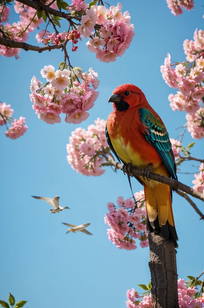 colorful bird perched on a branch of a tree with flowers , beautiful and , birds beautiful color, bird with a long, colorful hd photo, very colorful,