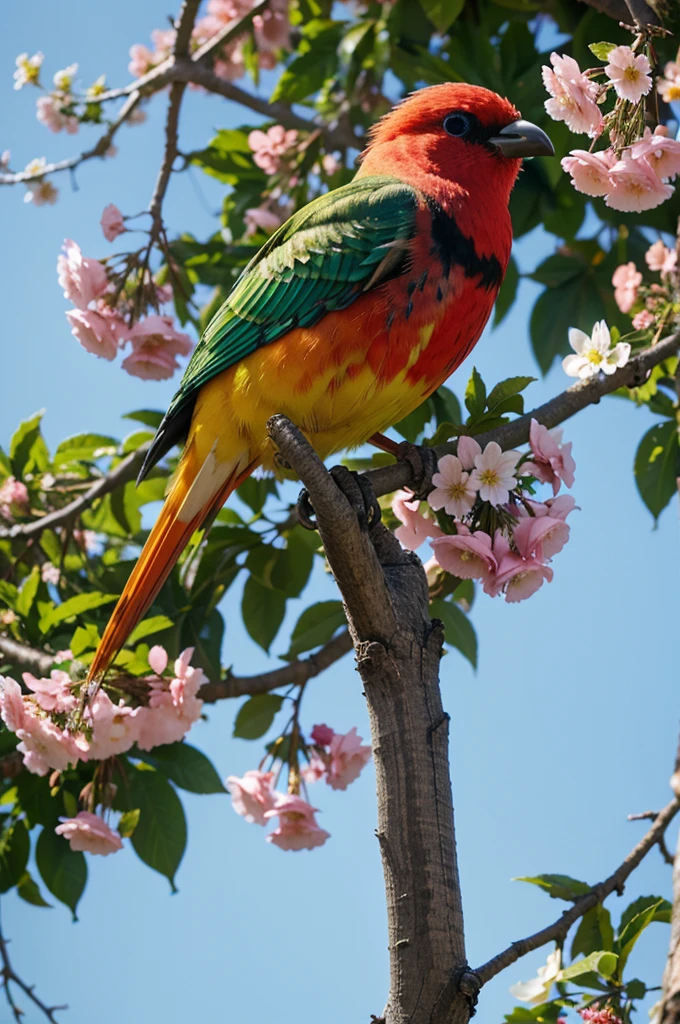 colorful bird perched on a branch of a tree with flowers , beautiful and , birds beautiful color, bird with a long, colorful hd photo, very colorful,