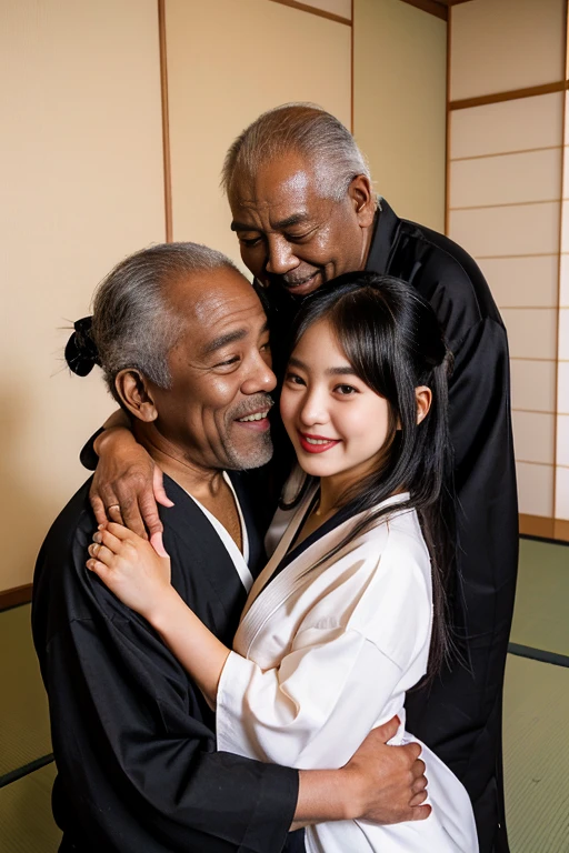 (((1 Japanese young girl and 1 black old man facing each other))), {A young Japanese beautiful girl, 20-year-old, sexy girl, strikingly beautiful, black hair, (big breasts:1.2), delicate facial features, porcelain skin, red lips, expressive eyes, photorealistic, beautiful Japan woman, traditional kimono, natural figure, soft smile, impressive gaze, traditional hairstyle, Japanese room at dusk, sitting by the window, ((awe and joy expression)), laughing }, (((black old man wearing hip hop style))), (((black old man hugging on Japanese young girl's chest))), (focus on black old man), full body,