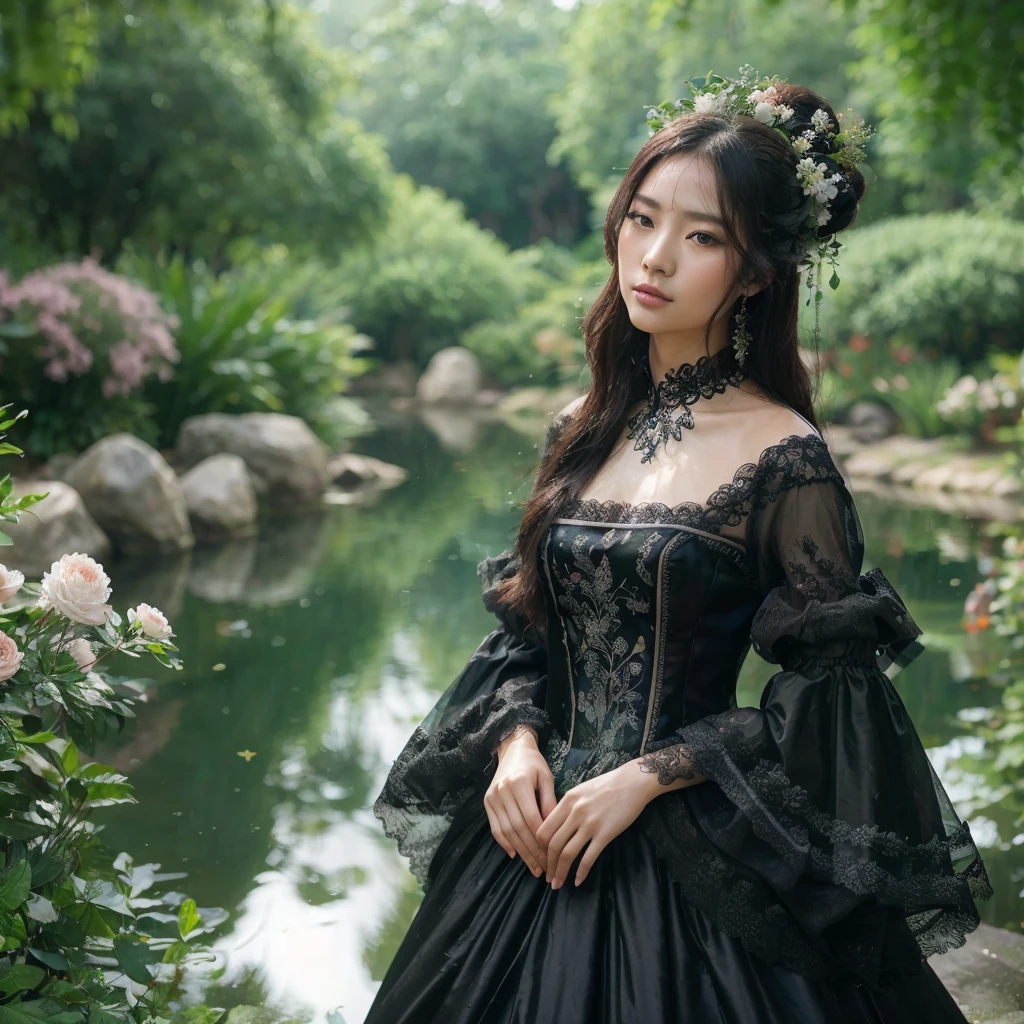 a beautiful Chinese girl wearing an elegant black Countess Bustle Dress, standing by a tranquil pond, detailed facial features, delicate makeup, long flowing hair, graceful posture, serene expression, lush green foliage and flowers surrounding the pond, reflections in the still water, soft natural lighting, intricate details, highly detailed, photorealistic, masterpiece, 8k