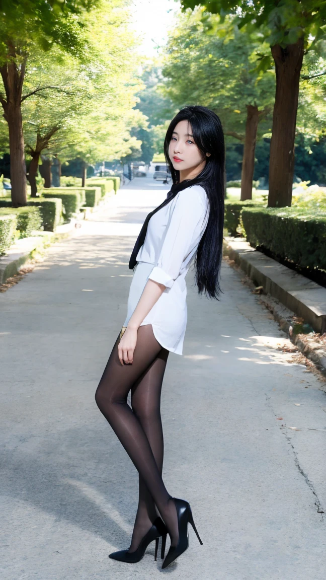 (Hasselblad:1.2),1girl,solo,black eyes,black hair,long hair,White shirt,outdoors,full body,BLACK Pantyhose,BLACK heels,park,