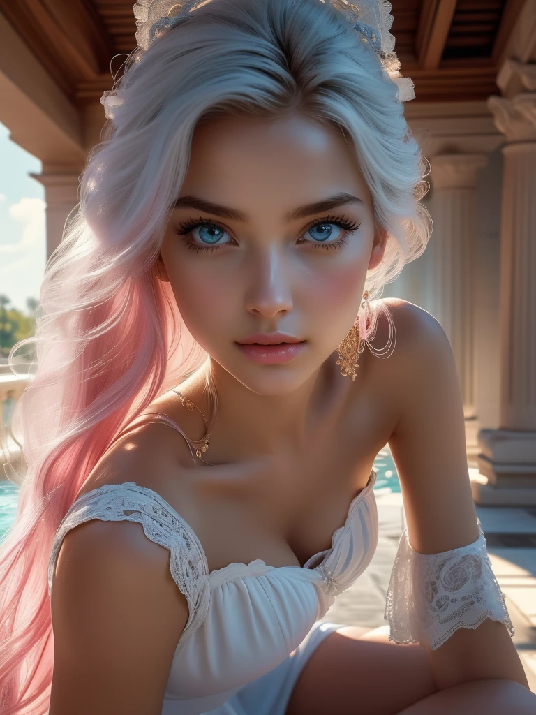 Angel girl, an extremely sweet and beautiful young woman with pink hair, white and pink, feminine, small, she is 20 years old. She has small breasts, long pink hair that is ridiculously long and unkempt, gray-blue eyes, intricate and beautiful, symmetrical and shiny skin that is tanned and glossy. Her body is detailed and has a spider-like lower abdomen, slender beautiful long legs and round hips. Her face is also detailed, it is cute and seductive. She is wearing a white top, a short white skirt with lace and a bow and arrow. She also has small white wings, a gentle smile and intricate clothes decorated with embroidery. Dynamic pose. Sitting. She is depicted in a dynamic pose, confused and focused, against the background of a beautiful Greek marble bathhouse with columns, clear water in the pool and intricate decorations, including the background of a Greek temple.(Glossy Greek ornaments), high resolution, clear focus, (ultra-detailed, extremely detailed), (photorealistic illustrations: 1.5), 8K wallpaper, (((bright colors, bright theme))), (intricate), (masterpiece), (best quality), artistic photography, (photo taken master), (complex background), perfectly drawn face, perfect facial details, realistic face, photorealistic, ((complex details)), (((realism))). Close up.