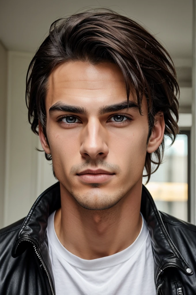 Handsome slim boy with messy hair and straight eyebrows, attractive eyes,jawline,slime nose and he is wearing a jacket