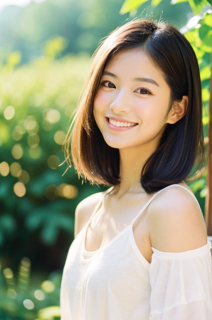 Pure Japanese girl, open-heart mood, wearing casual fashion, natural makeup and hairstyles, thick eyebrows, sweet smile, professional portrait photography, 35mm film photography, soft summer sunlight,