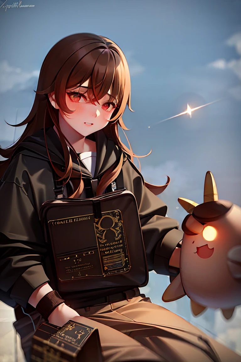Draw a young programmer., sitting on a research platform floating in the middle of an asteroid belt. He is studying with a notebook., surrounded by several asteroids that shine with fiery auras. Spectacular illumination of distant stars and planets illuminates the scene., casting deep shadows on the suit. The young man seems confident and determined., looking at the vast and mysterious universe with awe and respect,facial hair, cowboy shot,