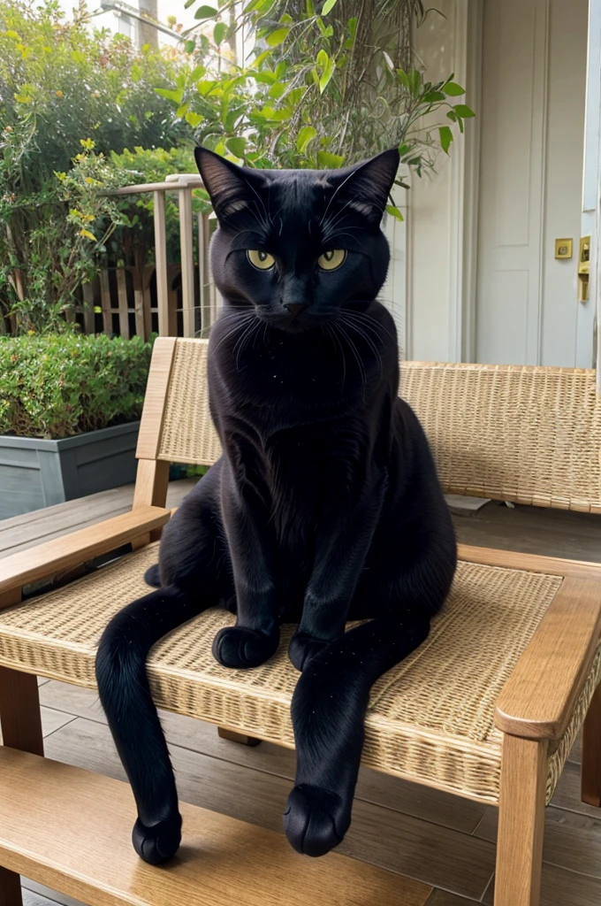The cat is sitting ona bench 