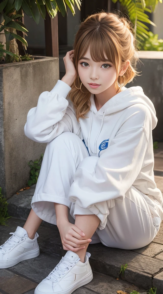 flying debris、Highest quality、An illustration、Highest quality、Understood、High resolution、8k wallpaper、Perfect dynamic composition、(((Ezvian Everywhere)))、((From below))、Beautiful and cute 20 year old girl、Beautiful face in every detail、Delicate and cute eyes、Fine skin、Red cheeks.、shy、(Semi-short hair:1.3)、(wavy blonde hair)、Small breasts、Bold sexy pose、smile、Small breasts、Between the legs、Small Ass、Thin ass、Generated on the eaves.、Narrow shoulders、wavy blonde hair、blonde、Heart-shaped earrings、smile、、Gold Bracelets、Tie your hair back、White hoodie、Deeply hooded、Loose fitting white harem pants、Baggy pants、Combat Boots