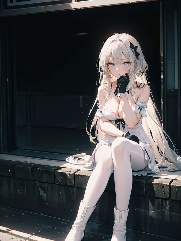 ,long hair,straight_hair,bright_pupils,cleavage,slender_waist,ankle_boots,elbow_gloves,1girl,white_pantyhose,lace,