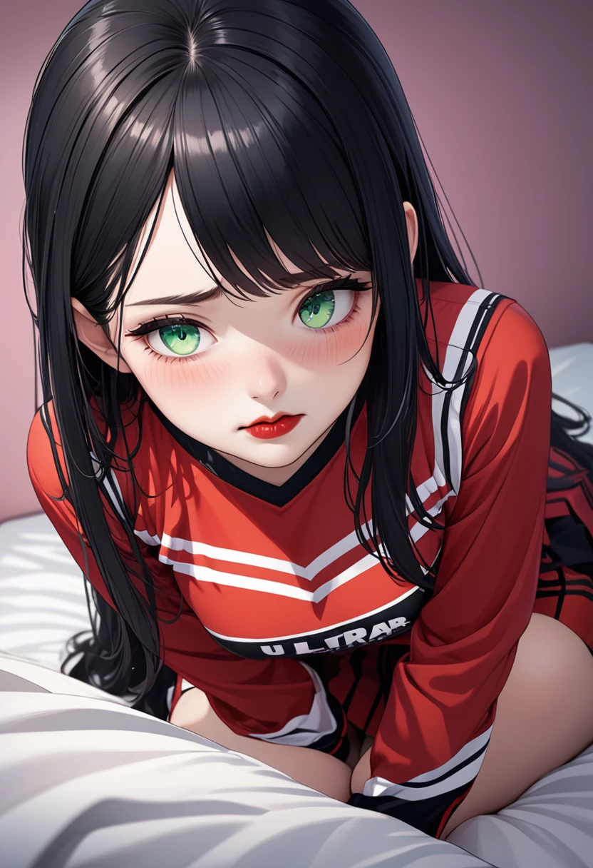 detailed illustration (side view),dynamic angle, ultra-detailed, illustration, 1girl, black hair, red lips, cheerleader, goth, green eyes, bright eyes, detailed eyes, sitting on bed, bedroom, blush, flush, shy, embarrassed, soft smile, looking down
