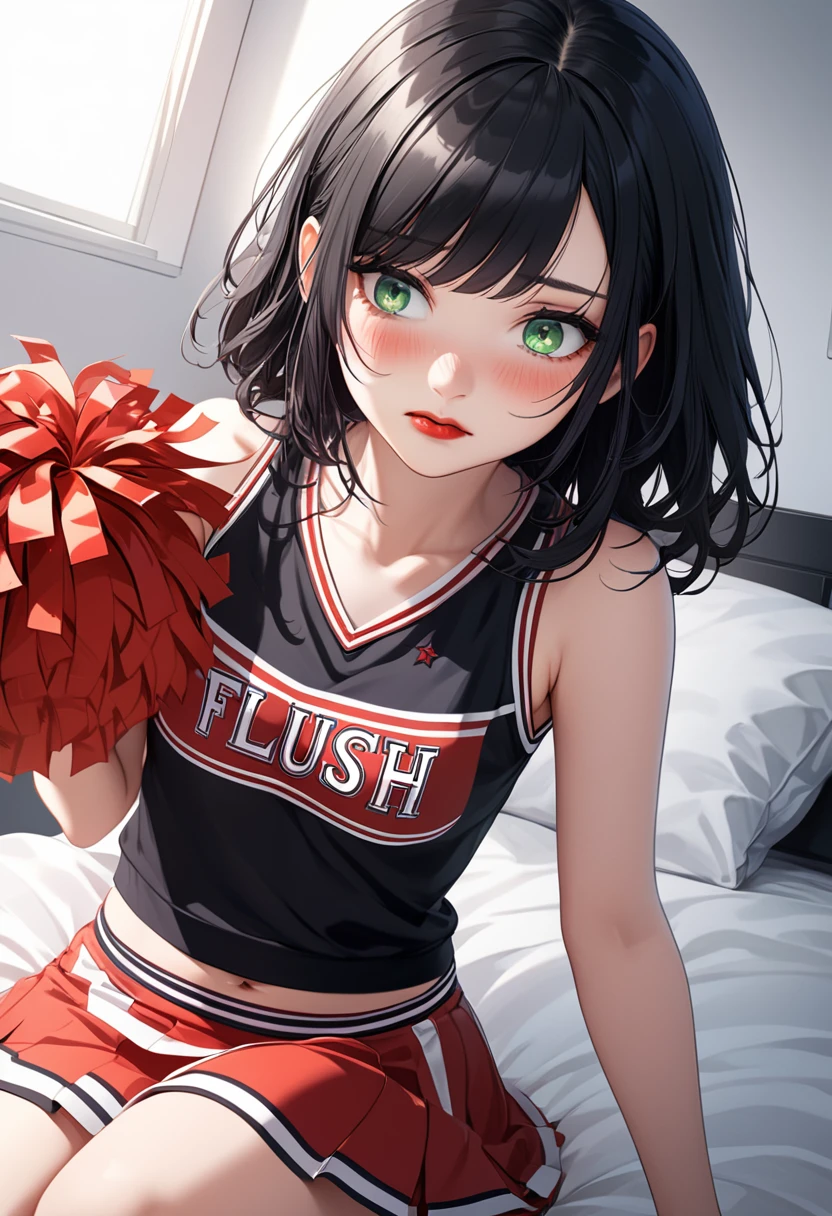 detailed illustration (side view),dynamic angle, ultra-detailed, illustration, 1girl, black hair, red lips, cheerleader, goth, green eyes, bright eyes, detailed eyes, sitting on bed, bedroom, blush, flush, shy, embarrassed, soft smile, looking down