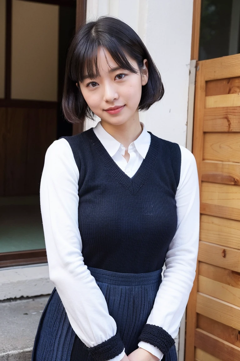 (8K, RAW Photos, Highest quality, masterpiece:1.2), Very detailed, Super Resolution, (Realistic, Realistic Photo:1.37), Portraiture, High-resolution RAW color photos, Professional photos, Very detailedで美新しい, Very detailed, 8K壁紙, Amazing details, Large file size, Official Art, highly detailed CG unity 8K壁紙, Very detailed美少女, Very detailed顔, Very detailed目, Very detailed肌, Very detailed指, Very detailed鼻, Very detailed詳細な口 , Perfect Anatomy, Very detailed背景, Very detailed衣服, 1 Girl,, 20th generation, Cute girl, Realistic body, small, Fair skin, Glowing Skin , Black Hair , Curly Hair、 smile,  Cute face, Realistic face, Delicate eyes, V Neck Knitted Dress, Looking at the audience, Cowboy Shot,  Dynamic Lighting, Large Breasts,