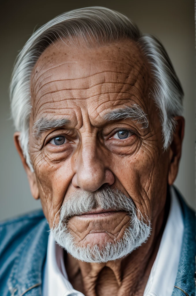 A portrait of an 80 year old man, wrinkled, weathered, with piercing eyes, face detailed, High details, fot, dark studio, rim-light, Nikon D850, 50mm, f/1.4
