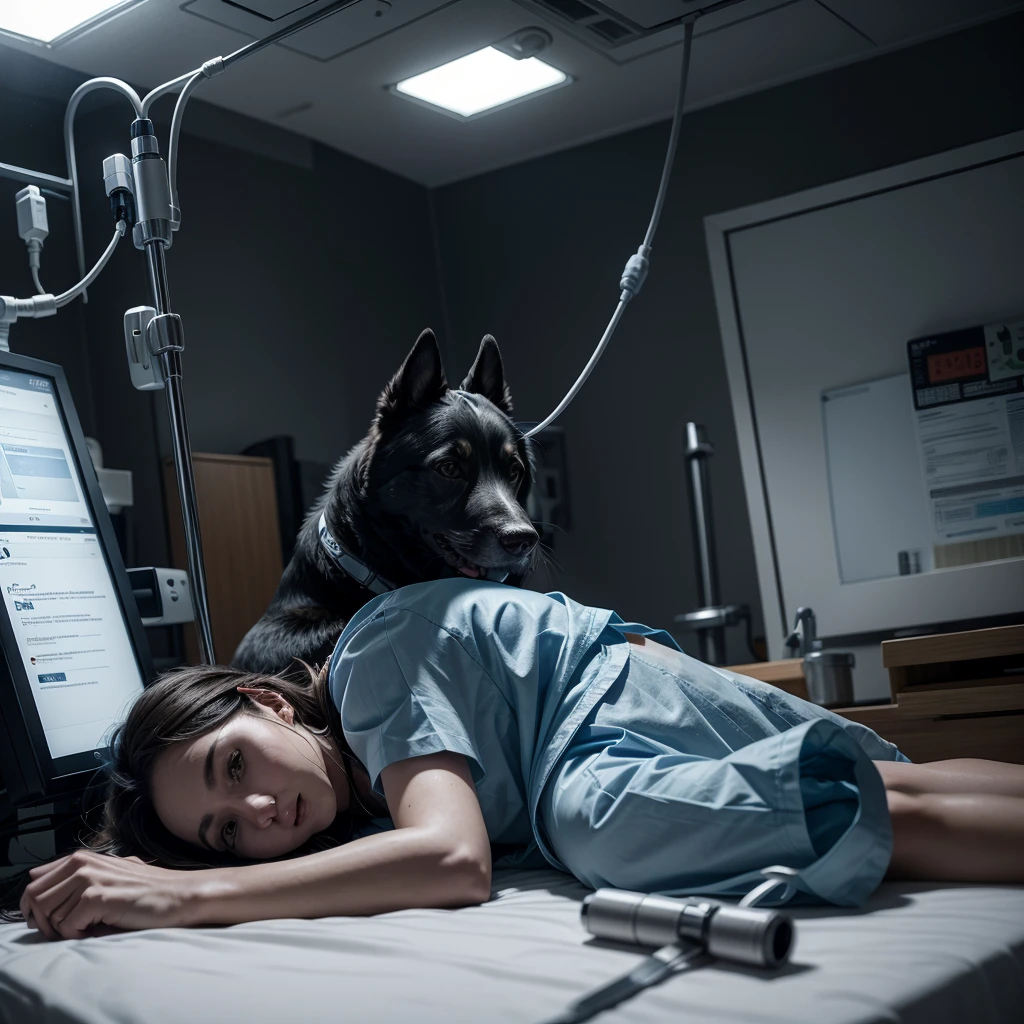 A realistic scene of a dog lying lifeless on an operating table in a hospital surgery room. Doctors and nurses in surgical attire are working around the table. The dog's spirit, depicted as a glowing blue, ethereal form, is rising from its body and flying away. The room is illuminated with dynamic, volumetric lighting, showcasing the intricate details of the medical equipment and the somber atmosphere. The image should have deep colors, hyper-detailed textures, and a wide-screen format. Utilize complementary colors to enhance the overall composition, making it a striking and emotive piece of art