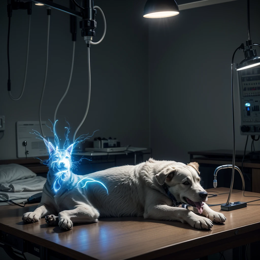 A realistic scene of a dog lying lifeless on an operating table in a hospital surgery room. Doctors and nurses in surgical attire are working around the table. The dog's spirit, depicted as a glowing blue, ethereal form, is rising from its body and flying away. The room is illuminated with dynamic, volumetric lighting, showcasing the intricate details of the medical equipment and the somber atmosphere. The image should have deep colors, hyper-detailed textures, and a wide-screen format. Utilize complementary colors to enhance the overall composition, making it a striking and emotive piece of art