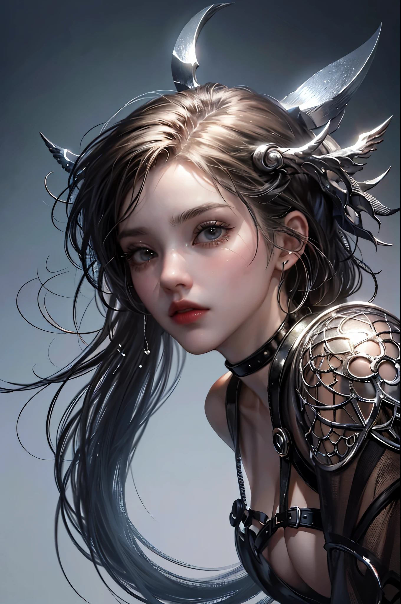 a close up of a girl with a metal structure body, a hyperrealistic painting inspired by Peter Gric, zbrush central contest winner, hyperrealism, highly detailed surrealist art, hyperrealistic illustration, hyperrealistic surrealism, very intricate photorealistic, extremely hyperdetailed, hyper detailed art, insanely highly detailed artwork, hyperrealist highly intricate, thomas veyrat intricate