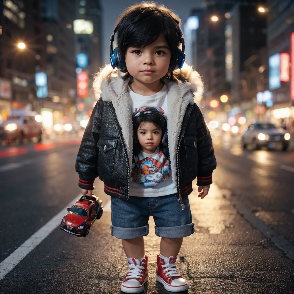 realistic realistic skin black hair wearing thick jacket, t-shirt with beautiful girl motif, red shoes with a little white, blue shorts, standing on a city street at night. The must wear headphones, holding the sn car toy car under one hand. The background should be bright with blurry city lights, providing a dynamic and colorful atmosphere to the scene. super detailed image quality,