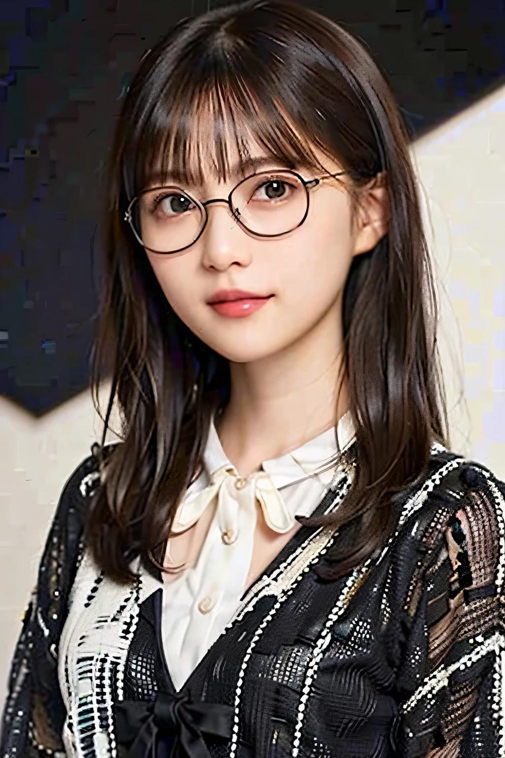 (8K、Raw photo、Highest quality、masterpiece:1.2)、(Realistic、Photorealistic:1.37)、Ultra-detailed、Ultra-high resolution、1 girl、29-year-old、Seeing the viewer、Beautifully detailed face、smile、narrow、(Slim waist) :1.3)、Beautifully detailed skin、Skin Texture、Shapely breasts、Floating Hair、Tie your hair together、(White clothes:1.4)、Professional Lighting、Autumn Afternoon、 the street、(((Black square glasses )))、whole body、Brown haired、((Embarrassing appearance))、