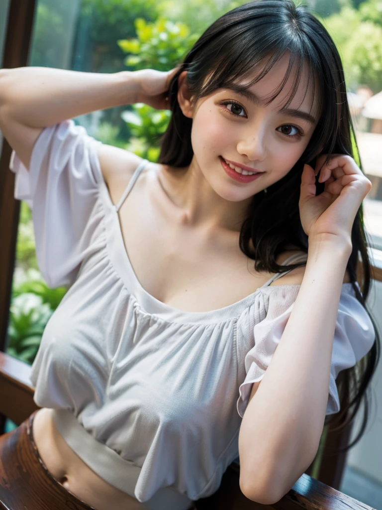 (masterpiece, best quality:1.2), (highres, abstract:1.1), ultra detail, 1girl, cute pose, camisole, off shoulder, parted lips, smile, blush