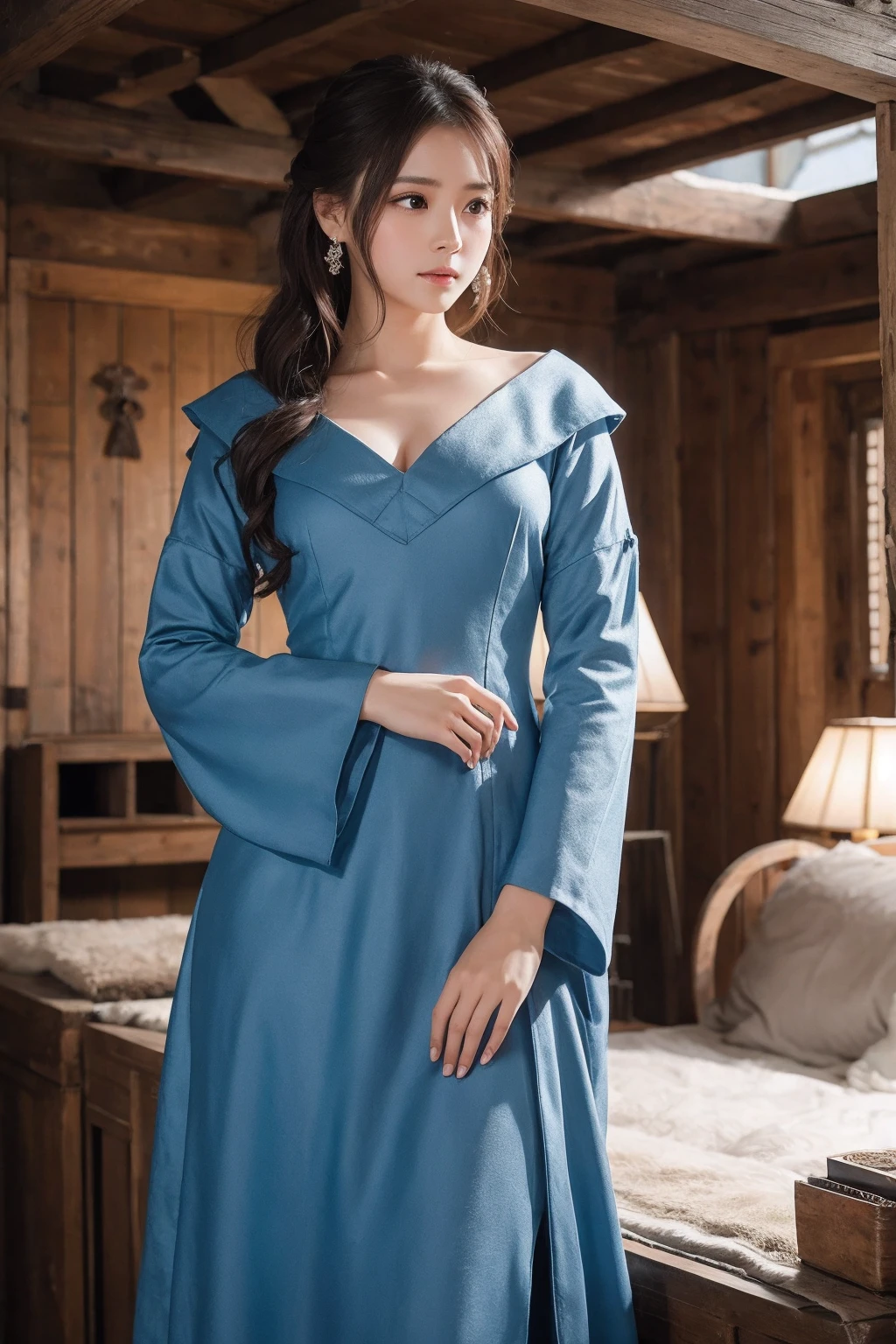 Highest quality、Ultra HD、Tailoring Room、Medieval atmosphere、Pale blue, silver and winter leaf colours.
