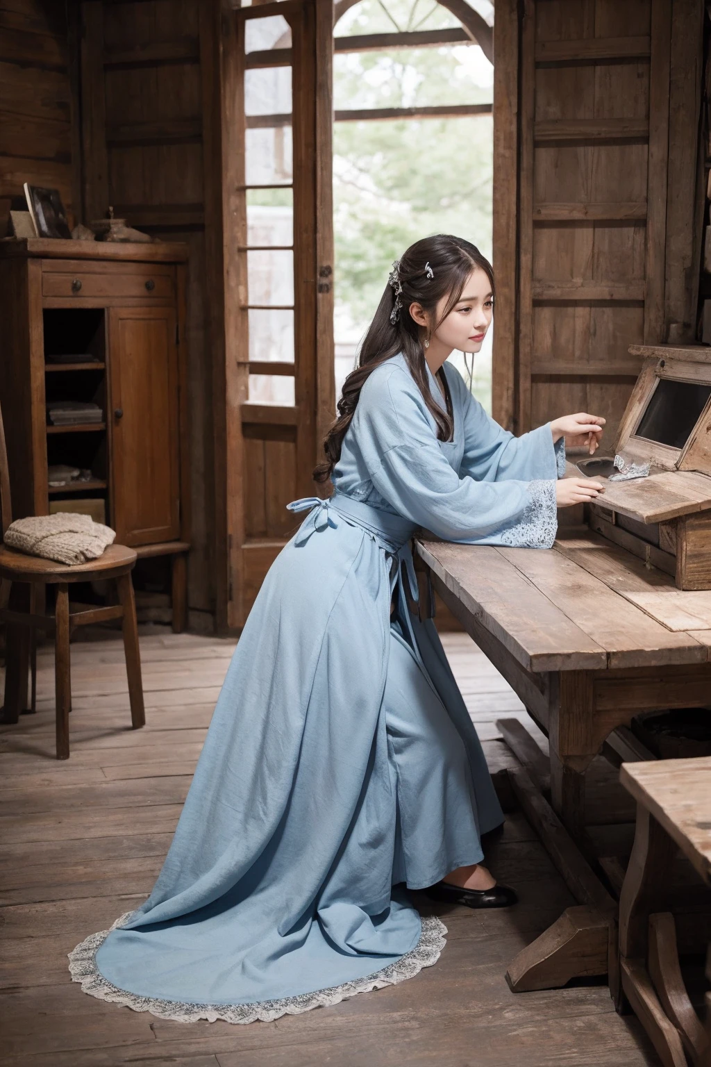 Highest quality、Ultra HD、Tailoring Room、Medieval atmosphere、Pale blue, silver and winter leaf colours.