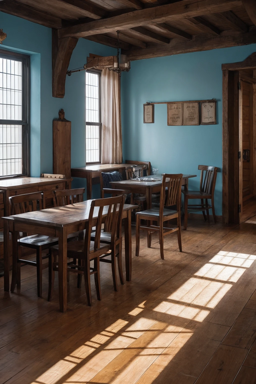 Highest quality、Ultra HD、Tailoring Room、Medieval atmosphere、Pale blue, silver and winter leaf colours.