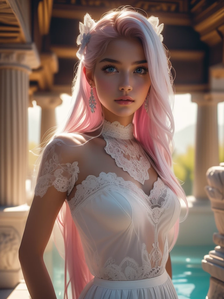 Angel girl, an extremely sweet and beautiful young woman with pink hair, white and pink, feminine, small, she is 20 years old. She has small breasts, long pink hair that is ridiculously long and unkempt, gray-blue eyes, intricate and beautiful, symmetrical and shiny skin that is tanned and glossy. Her body is detailed and has a spider-like lower abdomen, slender beautiful long legs and round hips. Her face is also detailed, it is cute and seductive. She is wearing a white top, a short white skirt with lace and a bow and arrow. She also has small white wings, a gentle smile and intricate clothes decorated with embroidery. Dynamic pose. She is depicted in a dynamic pose, confused and focused, against the background of a beautiful Greek marble bathhouse with columns, clear water in the pool and intricate decorations, including the background of a Greek temple.(Glossy Greek ornaments), high resolution, clear focus, (ultra-detailed, extremely detailed), (photorealistic illustrations: 1.5), 8K wallpaper, (((bright colors, bright theme))), (intricate), (masterpiece), (best quality), artistic photography, (photo taken master), (complex background), perfectly drawn face, perfect facial details, realistic face, photorealistic, ((complex details)), (((realism))).