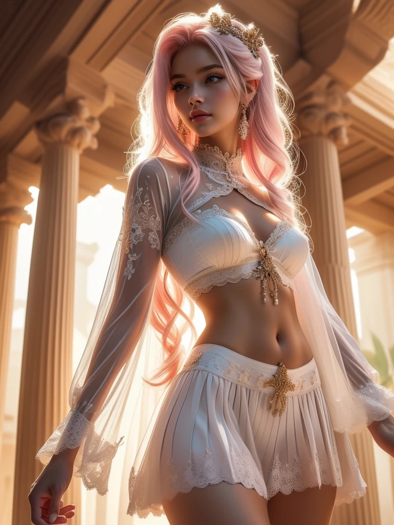 1girl, Angel girl, an extremely sweet and beautiful young woman with pink hair, white and pink, feminine, small, she is 20 years old. She has small breasts, long pink hair that is ridiculously long and unkempt, gray-blue eyes, intricate and beautiful, symmetrical and shiny skin that is tanned and glossy. Her body is detailed and has a spider-like lower abdomen, slender beautiful long legs and round hips. Her face is also detailed, it is cute and seductive. She is wearing a white top, a short white skirt with lace and a bow and arrow. She also has small white wings, a gentle smile and intricate clothes decorated with embroidery. Dynamic pose. She is depicted in a dynamic pose, confused and focused, against the background of a beautiful Greek marble bathhouse with columns, clear water in the pool and intricate decorations, including the background of a Greek temple.(Glossy Greek ornaments), high resolution, clear focus, (ultra-detailed, extremely detailed), (photorealistic illustrations: 1.5), 8K wallpaper, (((bright colors, bright theme))), (intricate), (masterpiece), (best quality), artistic photography, (photo taken master), (complex background), perfectly drawn face, perfect facial details, realistic face, photorealistic, ((complex details)), (((realism))).