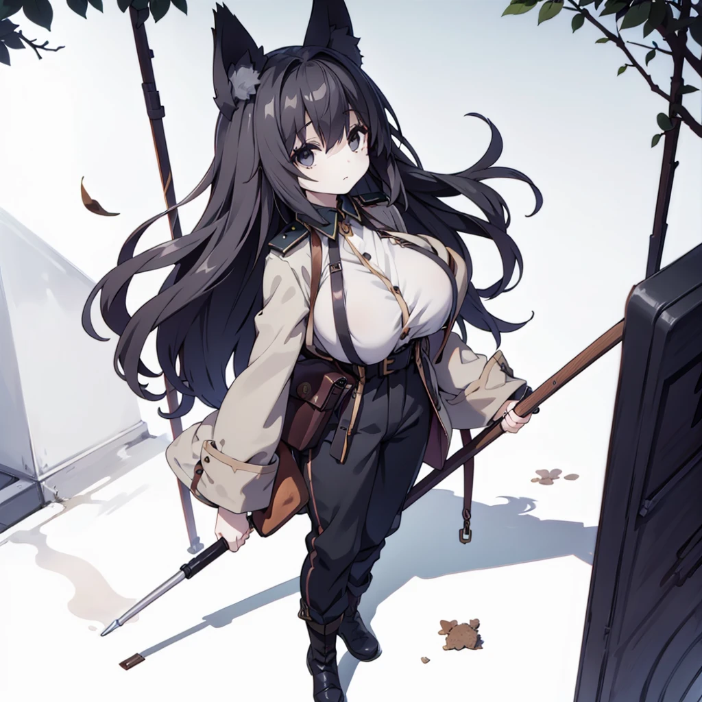 Highest quality, 1girl, solo, black hair, black eyes, pale skin, light gray uniform, large breasts, fox ears, fox tail, pants