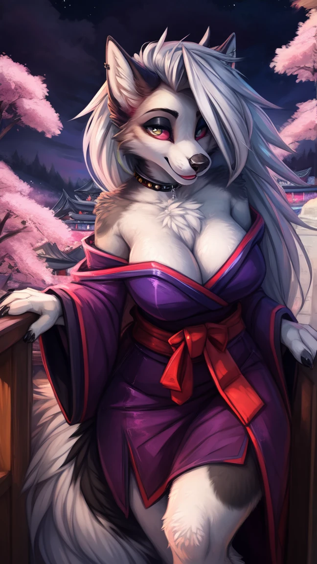 by kenket, Ross Tran, ruan jia, zaush, foxovh, by Zackary911, by hyattlen, by teranen, by fumiko, by Pixelsketcher, by fluff-kevlar, bye r-mk, by Dimwitdog, Furry, Anthro, (oiran), ((prostitute)), (luxurious off-shoulder kimono), (loona), helluva boss, hellhound, kemono, (huge breasts), long (elegant) white hair, hourglass body, revealing outfit, seductive, looking at viewer, traditional japanese, magic fantasy, (mature), milf, tall, curvy, outdoors, cherry blossoms, nighttime, cleavage, tugging on own clothes, (red sclera), light blue iris, geisha hair ornament, detailed plum blossoms on kimono,