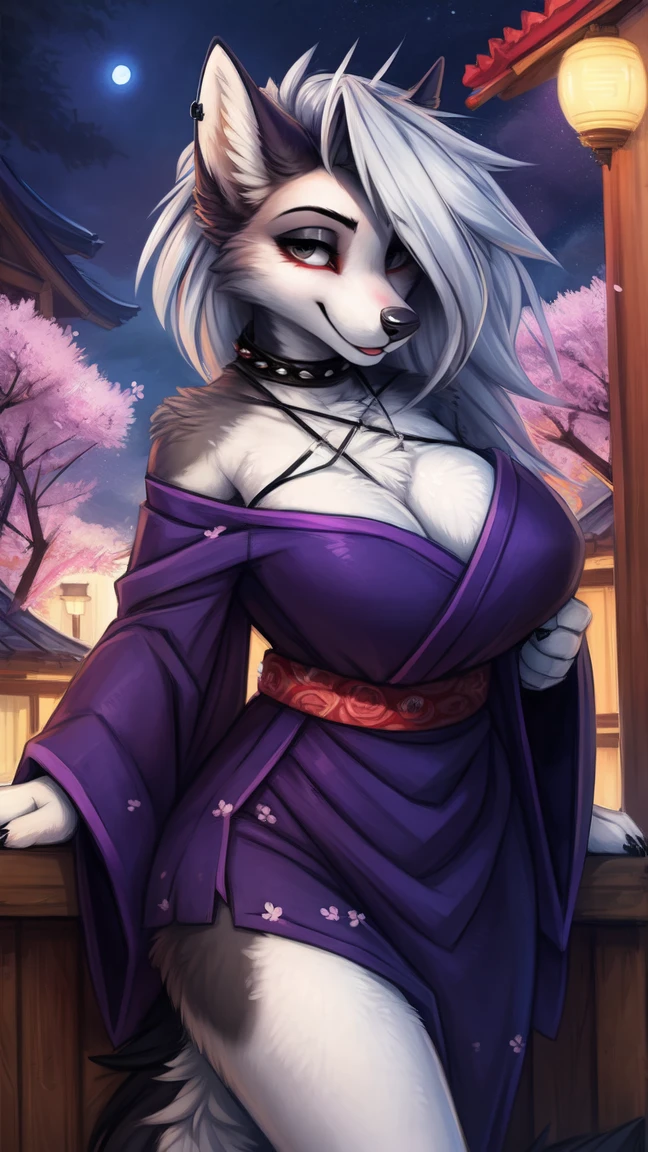 by kenket, Ross Tran, ruan jia, zaush, foxovh, by Zackary911, by hyattlen, by teranen, by fumiko, by Pixelsketcher, by fluff-kevlar, bye r-mk, by Dimwitdog, Furry, Anthro, (oiran), ((prostitute)), (luxurious off-shoulder kimono), (loona), helluva boss, hellhound, kemono, (huge breasts), long (elegant) white hair, hourglass body, revealing outfit, seductive, looking at viewer, traditional japanese, magic fantasy, (mature), milf, tall, curvy, outdoors, cherry blossoms, nighttime, cleavage, tugging on own clothes, (red sclera), light blue iris, geisha hair ornament, detailed plum blossoms on kimono,