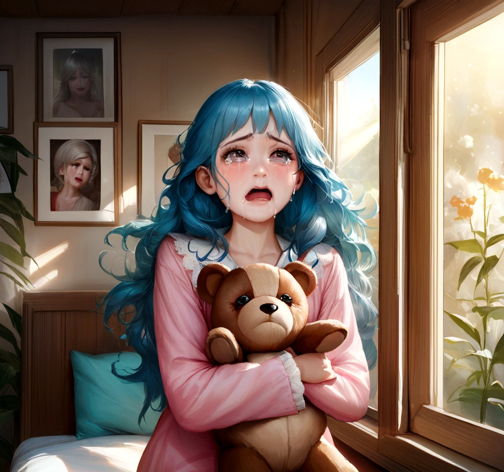 (highres,realisti:1.2),sweet woman,crazy woman,Caricature-like exaggerated sobbing,Swollen cheeks,swollen eyes,Tears shoot out like little streams of water,Holding a teddy bear,emotional breakdown,sweet and expressive facial expressions,soft pastel colors,dramatic lighing,lively background,realisti tears,delicate textures,Satin material for her pajamas,comfortable bedroom furnishings,Gentle sunlight, that comes through the window,Warm and cozy atmosphere,Untidy hair, that flies through the air