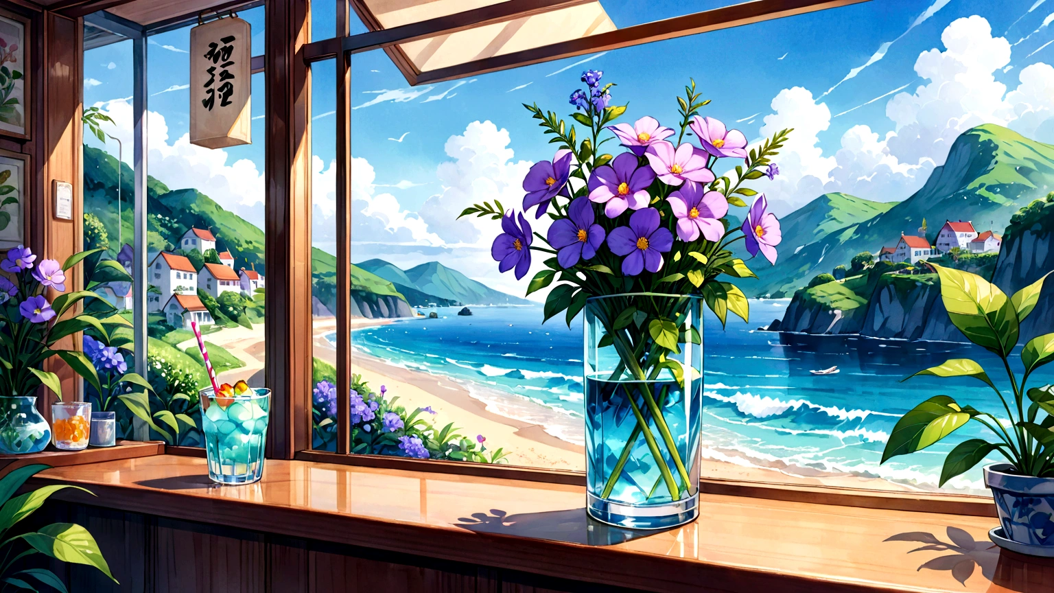 Purple flowers in a glass with a straw and a straw in it, 🌺 society, by Oze Kanaoka, Highly detailed watercolor 8k, Highly detailed watercolor 8k, relaxed and calm atmosphere, Watercolor illustration style, Artgasm, Highly detailed background, Lo-fi art style, Chill Hop, Shiny digital painting, Lofi Color, Official artwork, Remove Characters