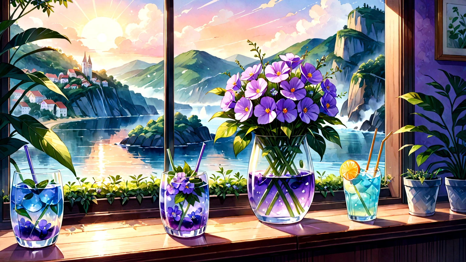 Purple flowers in a glass with a straw and a straw in it, 🌺 society, by Oze Kanaoka, Highly detailed watercolor 8k, Highly detailed watercolor 8k, relaxed and calm atmosphere, Watercolor illustration style, Artgasm, Highly detailed background, Lo-fi art style, Chill Hop, Shiny digital painting, Lofi Color, Official artwork, Remove Characters