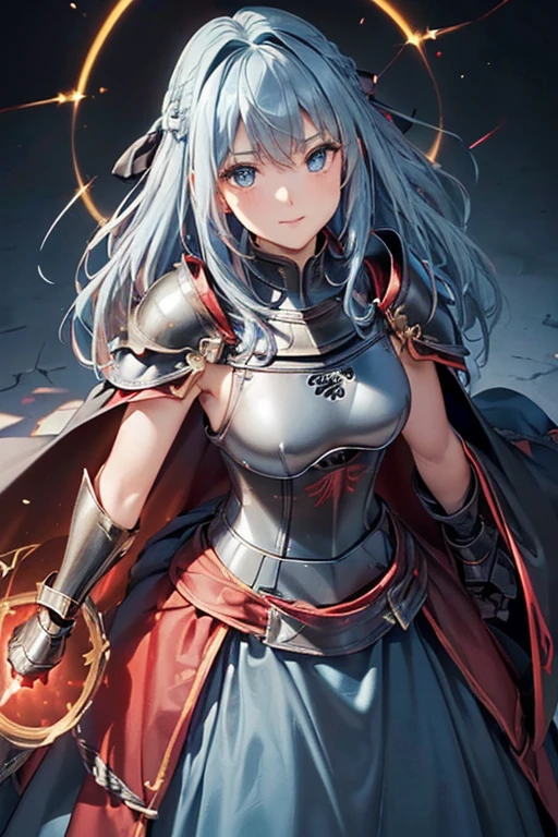 #Basics A girl is posing for a photo, animeのかわいい女の子, (((One Girl, , Young girs old))), 
Bhing Accessories 
((Black and Red)Quinceañera(Long skirt dress)Armor of:1.6) + ((Black and Red)breastplate:1.6), (Black Gauntlet:1.6), (Cape with shoulder pads:1.6), black combat boots:1.4), 
((Luxury Silver Bracelets, large silver necklace, Silver Tiara)), 
BREAK 

#Features 
(((Light blue hair:1.6)), Bangs that expose the forehead:1.4, Chest-length sideburns:1.4 + Curly hair:1.4, (Long Hair : Long Hair + Curly Hair + Curled up + Plump and voluminous + very thick hair + Large black ribbon)), 
(Droopy eyes,blue eyes), (Small breasts), 
BREAK 

#expression 
(smile, 嬉しそうなexpression), 
#background environment 
((noon, sunlight + Castles in a fantasy world:1.4, Walking)), 
#composition 
((To the camera:1.4, Cowboy Shot:1.4)), 
BREAK 

#Body parts elements 
(Detailed hair, Beautiful Hair, Shiny Hair), 
(double eyelid, Long eyelashes), 
(Expression of fine eyes, Beautiful and delicate eyes, Sparkling eyes, Eye Reflexes), 
(Human Ear), 
(Beautiful Nose, Thin Nose), 
(Glossy lips, Beautiful Lips, Thick lips), (Symmetrical facial features), 
(Detailed skin, Textured skin, Beautiful Skin), 
BREAK 

#Quality 
(((Highest quality)), ((masterpiece)), ((Very detailed))), ((High resolution), (16K,1080P)), 
(Realistic), (Anatomically correct), 
((comics, anime)), (3DCG), CG illustration,
