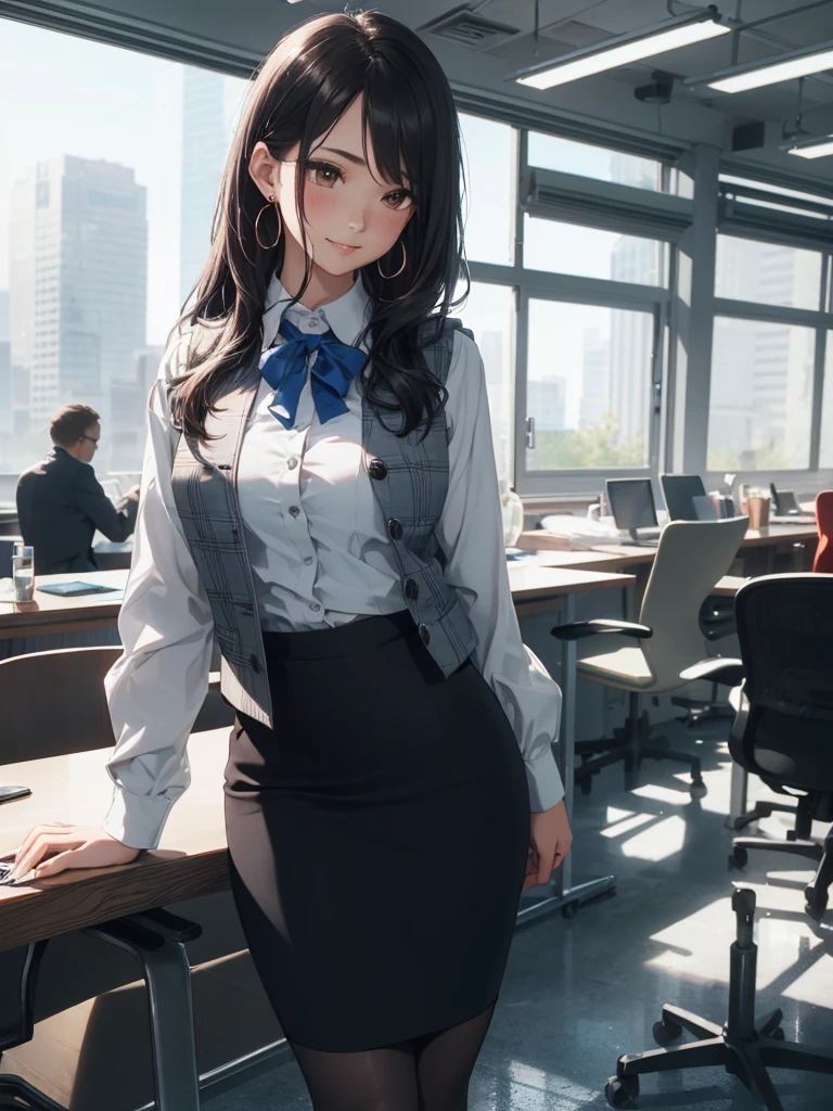 ((((1ladyl,))))  (masterpiece), (realistic), (best quality), (ultra-detailed),  amazing 30 years old wife,  pantyshot, long brown hair, office lady, Wearing a pink plaid vest, White short sleeved shirt, Gray pencil skirt, Wear stiletto heels, Necklace, earrings,  Cute face, Smile, Blushing, Shyness, Glass wall, Ultra Detail, Realistic, Front view, Whole body, (wearing in [[white and gray check pattern]] Vest worn over white collared long-sleeved shirt:1.4), (gray vest with buttons:1.2), (Pink Theme:1.2), (blue ribbon ribbon:1.3), (Black theme:1.4), (Tight black pencil skirt:1.5), ((Brown pantyhose)), (high-heels:1.1),longskirt,office desk, office chair,Lulubre Unity 8K Wallpaper, Beautiful background, clearly, Best Quality, The highest resolution, Best aesthetic,extremely detailed CG unity 8k,
