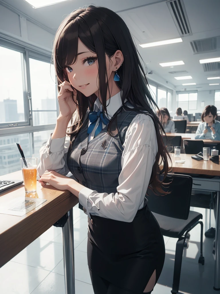 ((((1ladyl,))))  (masterpiece), (realistic), (best quality), (ultra-detailed),  amazing 30 years old wife,  pantyshot, long brown hair, office lady, Wearing a pink plaid vest, White short sleeved shirt, Gray pencil skirt, Wear stiletto heels, Necklace, earrings,  Cute face, Smile, Blushing, Shyness, Glass wall, Ultra Detail, Realistic, Front view, Whole body, (wearing in [[white and gray check pattern]] Vest worn over white collared long-sleeved shirt:1.4), (gray vest with buttons:1.2), (Pink Theme:1.2), (blue ribbon ribbon:1.3), (Black theme:1.4), (Tight black pencil skirt:1.5), ((Brown pantyhose)), (high-heels:1.1),longskirt,office desk, office chair,Lulubre Unity 8K Wallpaper, Beautiful background, clearly, Best Quality, The highest resolution, Best aesthetic,extremely detailed CG unity 8k,