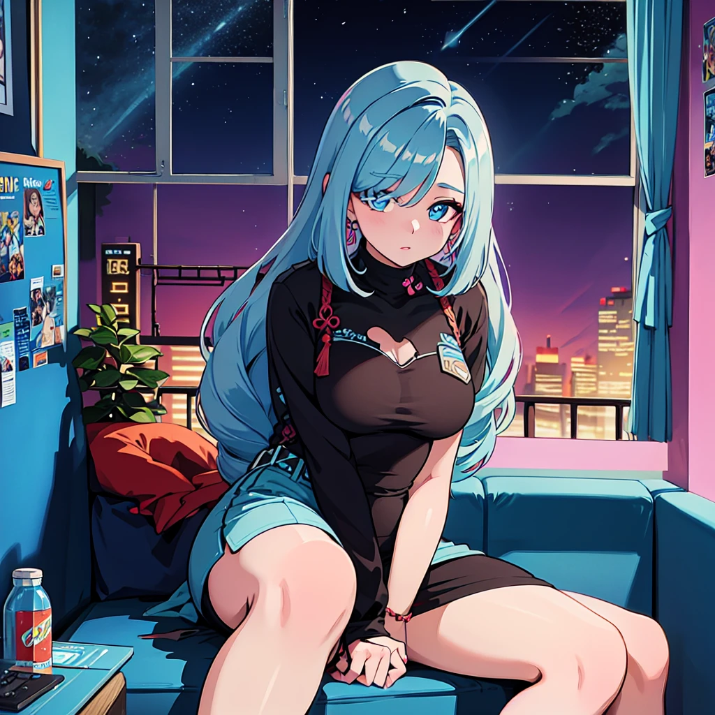 (masterpiece), Highest quality, Expressive eyes, Neon pastel aesthetics, Retro 90s, Neon color,((Girl sitting on sofa,In a cozy room,Records hanging on her wall, Comic books on the floor, Looking out the window behind her at the night city, Upholstered room, Anime figures lined up on a shelf)), Wearing headphones, (All around her it sparkles), (wearing thick colorful sneakers), (blue eyes), (Soft look), (Synthwave Art Style), Colorful Hair, Desk with PC set up