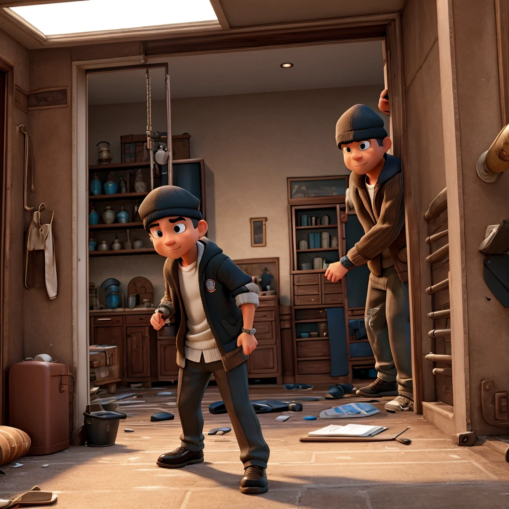 A gangster is burglarizing a house.