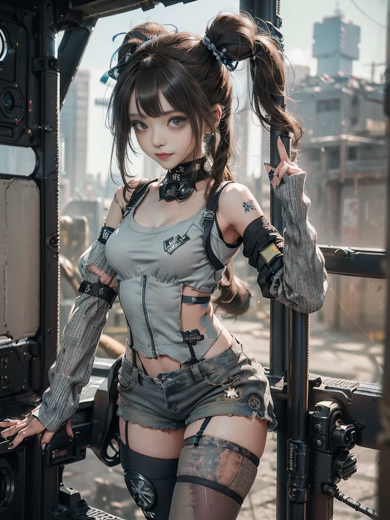 (Full Body View:1.5)、(Side view:1.1)、(Please smile with your teeth showing:1.3),(Shibuya Gal:1.5)、(Gothic Lolita style fashion:1.5)、(Tattered khaki and gray futuristic micro high leg bodysuit:1.5)、(Tattered Khakis and White Micro Fancy Sleeves:1.5)、(Tattered khaki micro shorts:1.5)、(Brown and khaki knee socks:1.3)、(camouflage:1.3)、(Military jacket:1.4)、Brown boots、Khaki gloves、internal、(The underwear is striped:1.4)、23 years old、(Doing an aerobics pose:1.3)、((Highest quality、8K、masterpiece:1.3))、One girl、The beauty of slim abs:1.3、(Hairstyle Casual、Big Tits:1.1)、dress:1.1、Super small face、Narrow eyes、double eyelid、Laughter、Esbian all over、Dynamic Angle、Close-up、CPL Filter、Blurred Background、Bokeh、Blue Hour、Detailed face and skin texture、Detailed Eyes,(Twin tails:1.3)、(Brown Hair:1.4)、Gravure idol pose、(The background is the cockpit of the battlefield:1.3)、(The body is slim:1.2),(Slim legs:1.4),(clavicle:1.1)