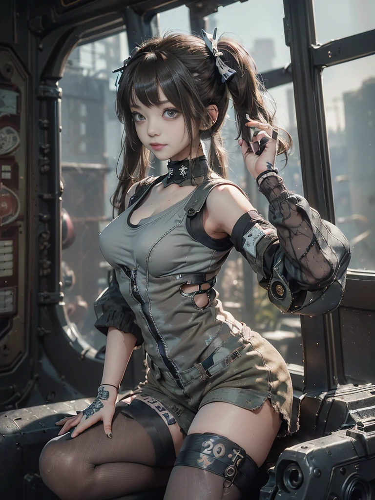 (Full Body View:1.5)、(Side view:1.1)、(Please smile with your teeth showing:1.3),(Shibuya Gal:1.5)、(Gothic ta style fashion:1.5)、(Tattered khaki and gray futuristic micro high leg bodysuit:1.5)、(Tattered Khakis and White Micro Fancy Sleeves:1.5)、(Tattered khaki micro shorts:1.5)、(Brown and khaki knee socks:1.3)、(camouflage:1.3)、(Military jacket:1.4)、Brown boots、Khaki gloves、internal、(The underwear is striped:1.4)、23 years old、(Doing an aerobics pose:1.3)、((Highest quality、8K、masterpiece:1.3))、One girl、The beauty of slim abs:1.3、(Hairstyle Casual、Big Tits:1.1)、dress:1.1、Super small face、Narrow eyes、double eyelid、Laughter、Esbian all over、Dynamic Angle、Close-up、CPL Filter、Blurred Background、Bokeh、Blue Hour、Detailed face and skin texture、Detailed Eyes,(Twin tails:1.3)、(Brown Hair:1.4)、Gravure idol pose、(The background is the cockpit of the battlefield:1.3)、(The body is slim:1.2),(Slim legs:1.4),(clavicle:1.1)